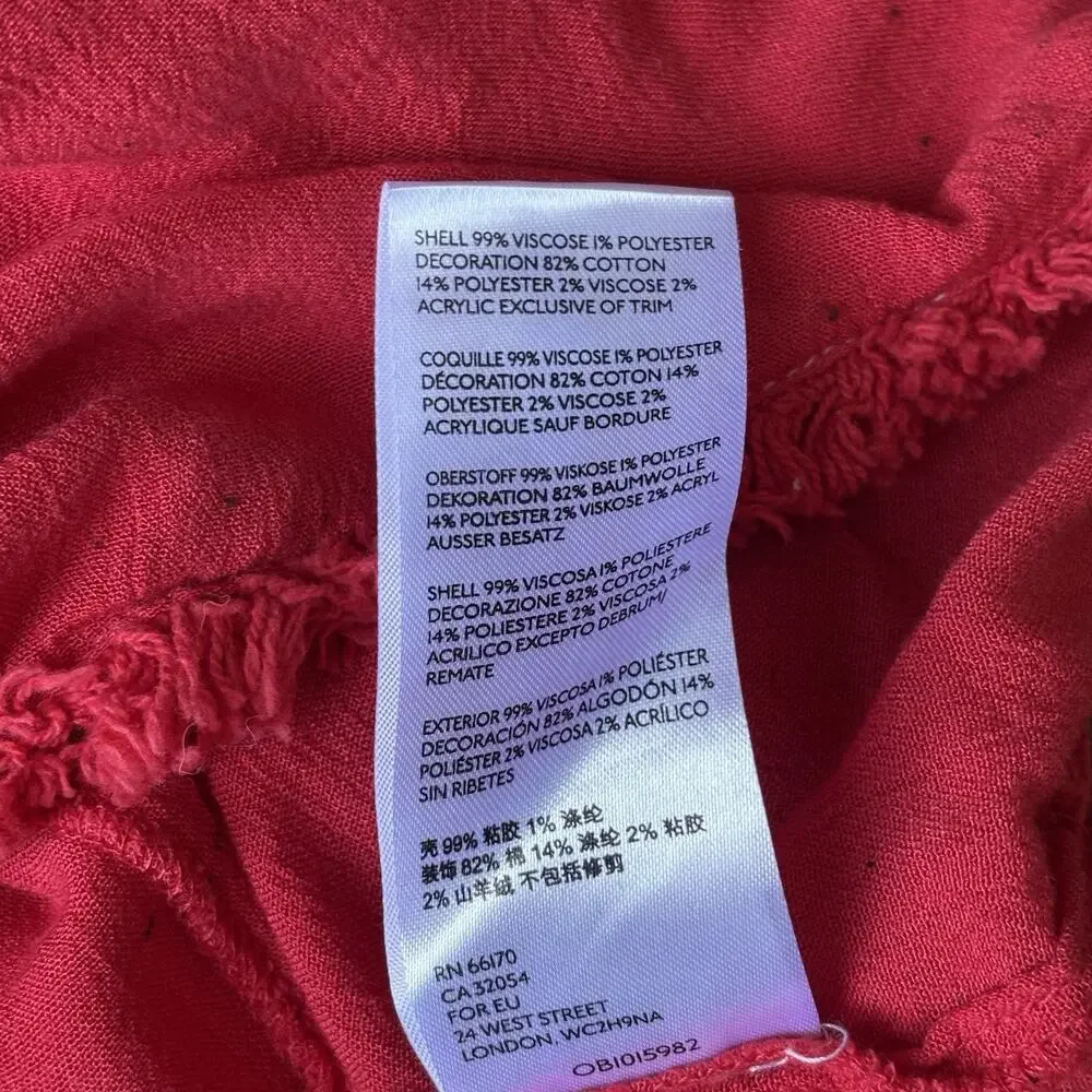 Free People Cyprus Avenue Embroidery Red Boho Long Sleeve Top Sz Large
